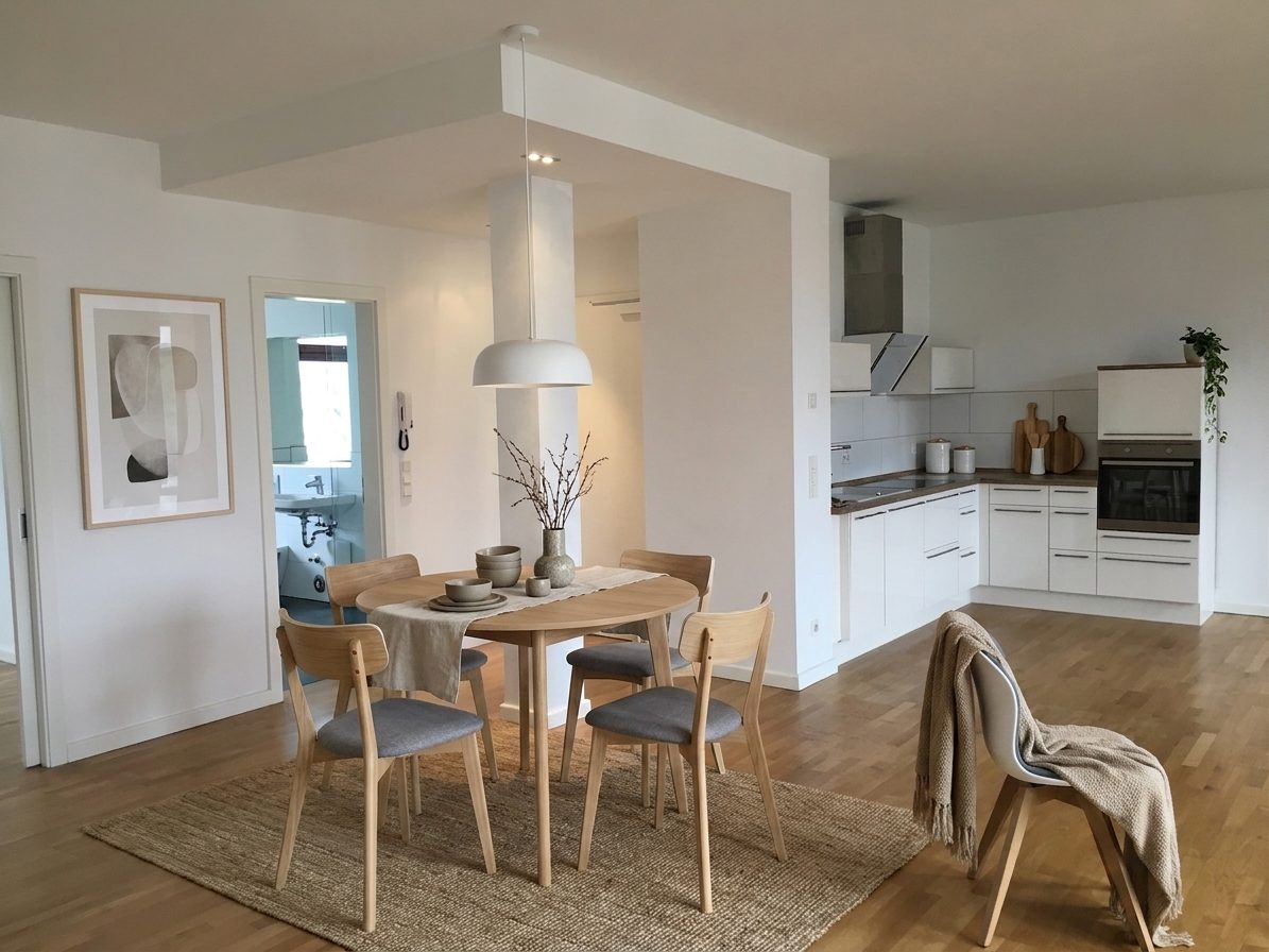 El mismo espacio amoblado con IA en estilo nórdico, con comedor junto a la cocina
