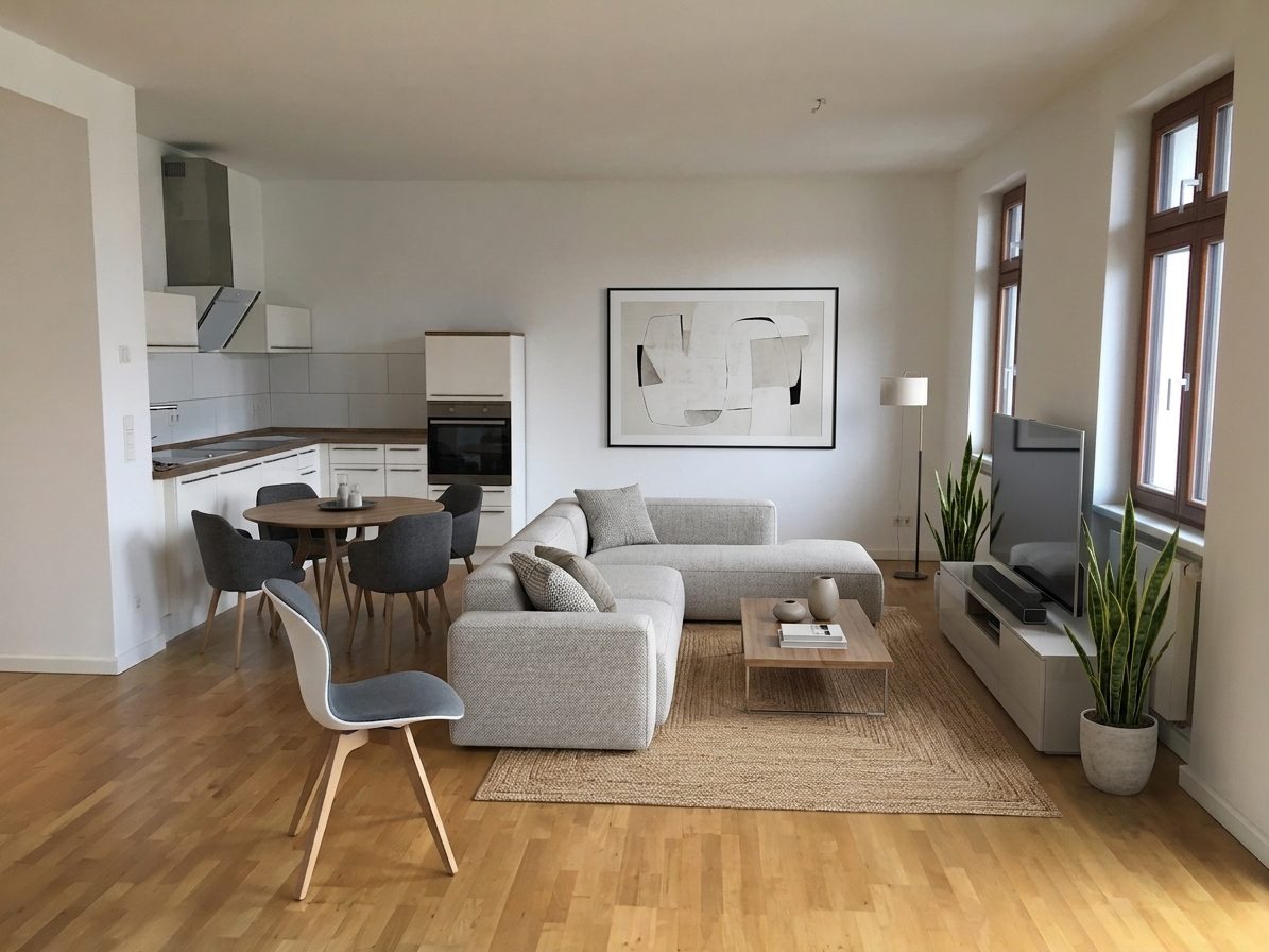 El mismo living amoblado con IA en estilo moderno: sofá, mesa de centro y alfombra